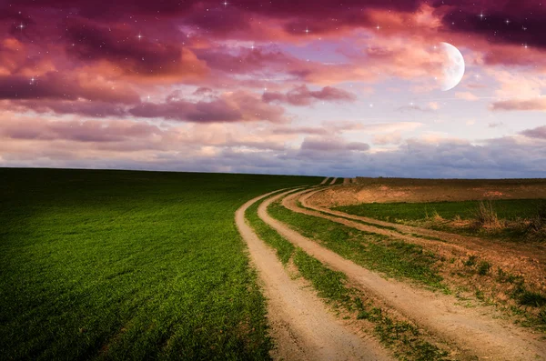 Camino rural y cielo con estrellas en la noche — Foto de Stock