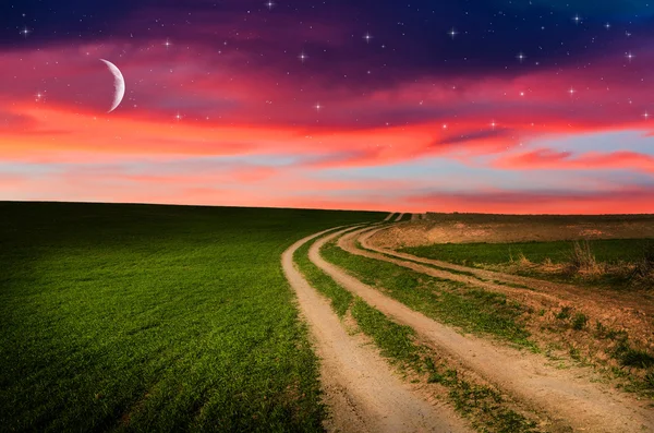 Rural road and sky with stars in the night — Stock Photo, Image