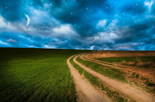 田舎道と夜の星空 — ストック写真