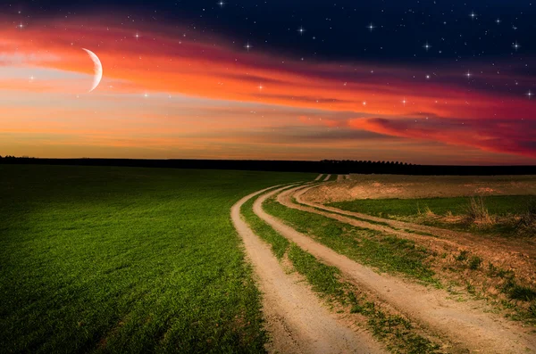 Lantlig väg och himmel med stjärnor i natt — Stockfoto