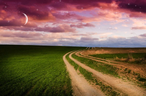 Landelijke weg en hemel met sterren in de nacht — Stockfoto