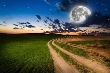 Kırsal yol ve yıldızlarla gece gökyüzü