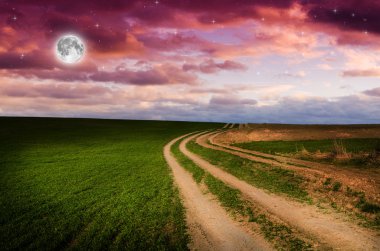 Kırsal yol ve yıldızlarla gece gökyüzü