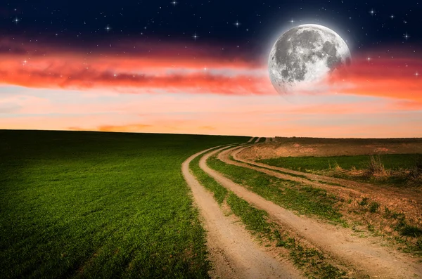 Rural road and sky with stars in the night — Stock Photo, Image