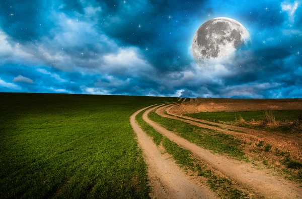 Rural road and sky with stars in the night — Stock Photo, Image