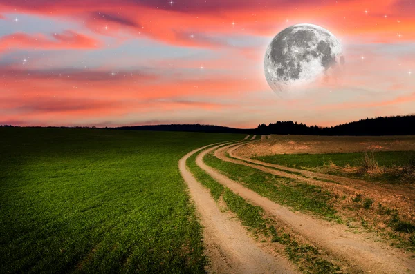 Rural road and sky with stars in the night — Stock Photo, Image