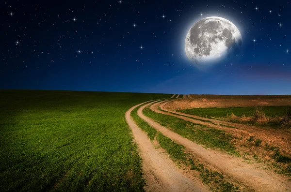 Lantlig väg och himmel med stjärnor i natt — Stockfoto