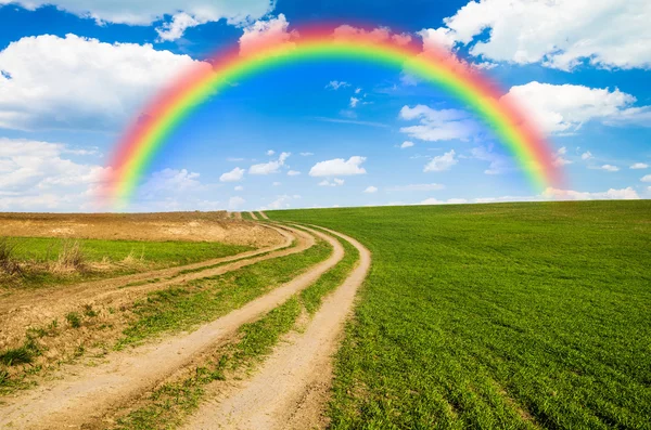 Arcobaleno e campo verde — Foto Stock