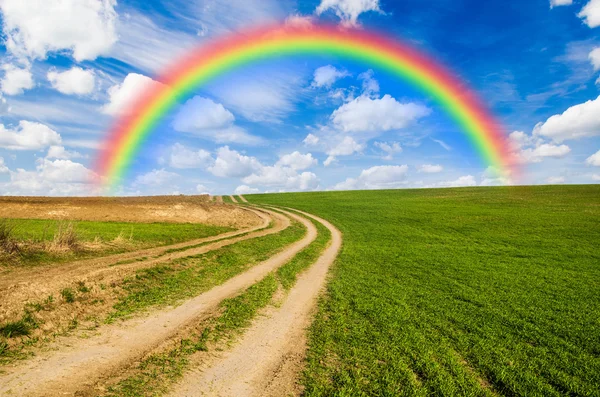 Rainbow and green field — Stock Photo, Image