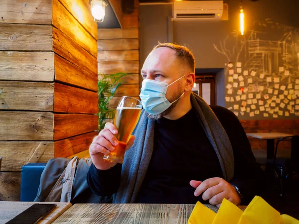 Adult European Man Wearing Mask Try Drink Beer Pub — Stock Photo, Image