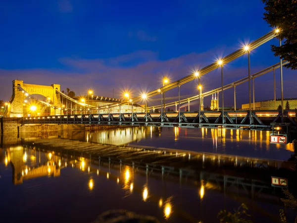 City Suspension Bridge Night Cityscape Grunwald Bridge Wroclaw Poland — Stock Photo, Image