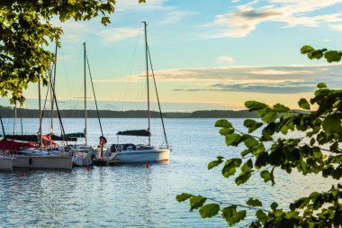 Yükselen güneş ışığında bir limana demirlemiş yatlar, sabahın erken saatlerinde kıyı manzarası.