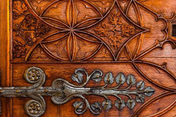 Antique Decorated Door Wood Carving Metal Details Wooden Background — Stock Photo, Image