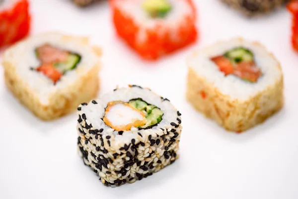 Various Sushi White Background Close View Maki Sushi Seafood Salmon — Fotografia de Stock