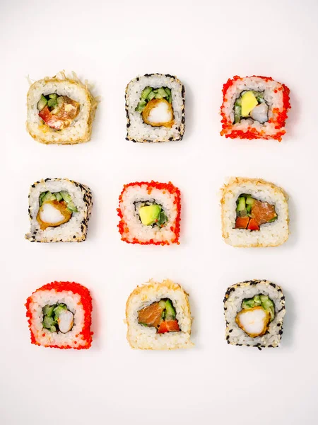 Various Sushi White Background Top View Maki Sushi Seafood Salmon — ストック写真