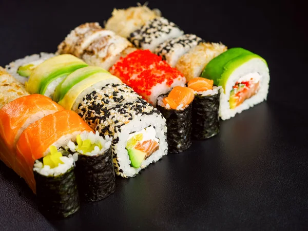 Sushi Set Close View Various Sushi Roll Salmon Avocado Cream — Fotografia de Stock