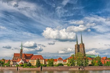 Polonya 'nın Tumski adası ve Vaftizci Yahya Katedrali' nin panoramik manzarası