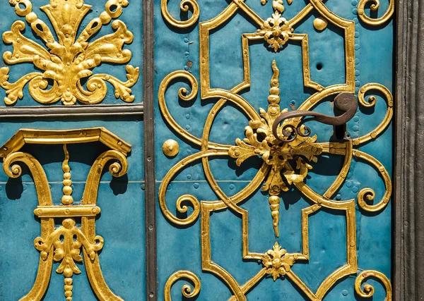 Fragment Blue Golden Old Carved Metal Gate Entrance Old University — Stock Photo, Image