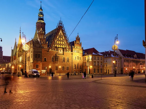 Wroclaw Market Square Night View Old City Hall Cobblestone Street — Stock Photo, Image