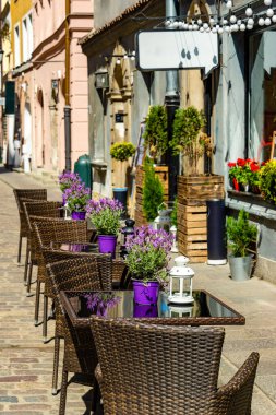 Atlar ve at arabalarıyla süslü fresklerin, kuşlarla süslü dekoratif panellerin ve bir çatı altında klasik dikdörtgen pencerelerin yer aldığı tarihi bir Avrupa binası.