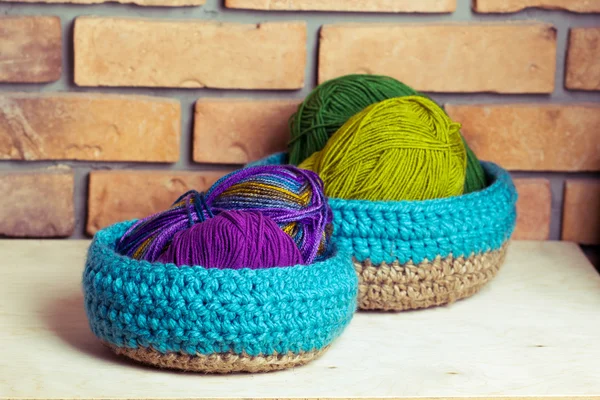 Set of blue knitted baskets — Stock Photo, Image