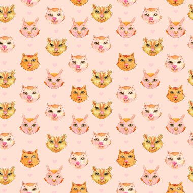 Pembe arka planda sevimli hayvanların olduğu sulu boya desenleri.