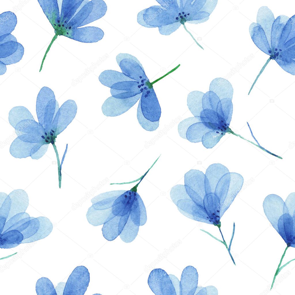 Seamless pattern with watercolor flowers sky blue, repeat floral texture, background hand drawing. Perfectly for wrapping paper, wallpaper, fabric, texture and other printing.