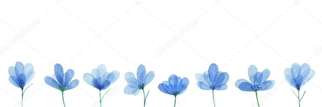 Border with gentle blue flowers. Botanical background design. Isolated on white background. Watercolor illustration