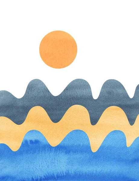 Colagem Paisagem Aquarela Com Mar Montanhas Sol Sobre Fundo Branco — Fotografia de Stock
