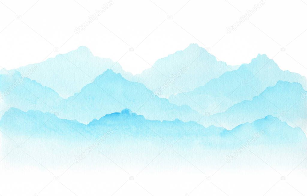 abstract sky-blue watercolor waves mountains on white background