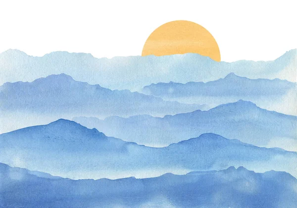 Aquarel Lichtblauw Berglandschap Rustige Zonsopkomst Zonsondergang Bergen Handgetekende Illustratie — Stockfoto