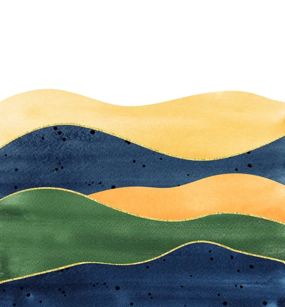 Watercolor Collage Wavy Mountains Silhouette Background Hues Yellow Green Indigo — Stock Photo, Image