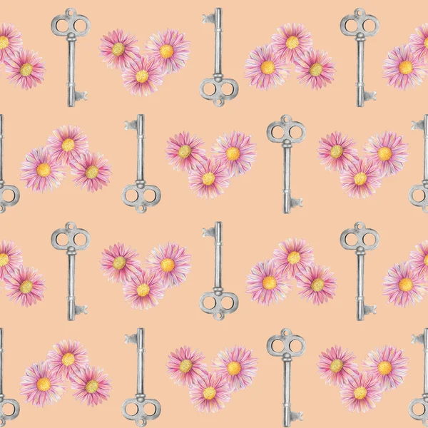 Nahtlose Aquarell Blume Und Vintage Schlüsselmuster Handgezeichnete Buntstifte Florale Illustration — Stockfoto