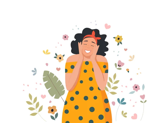 Mujer Sonriente Siente Felicidad Ilustración Vectorial Positiva — Vector de stock