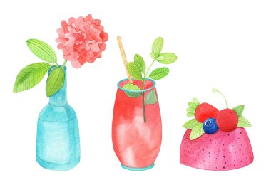 Yaz yemekleri, tatlı, kokteyl, çiçekler. Parlak suluboya seti. İzole edilmiş. 