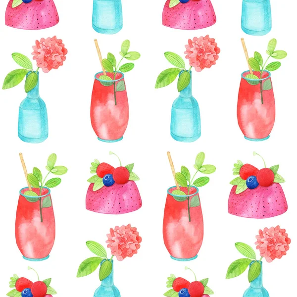 Summertime Seamless Pattern Sweet Desert Cocktail White Background Hand Drawn — Stock Photo, Image