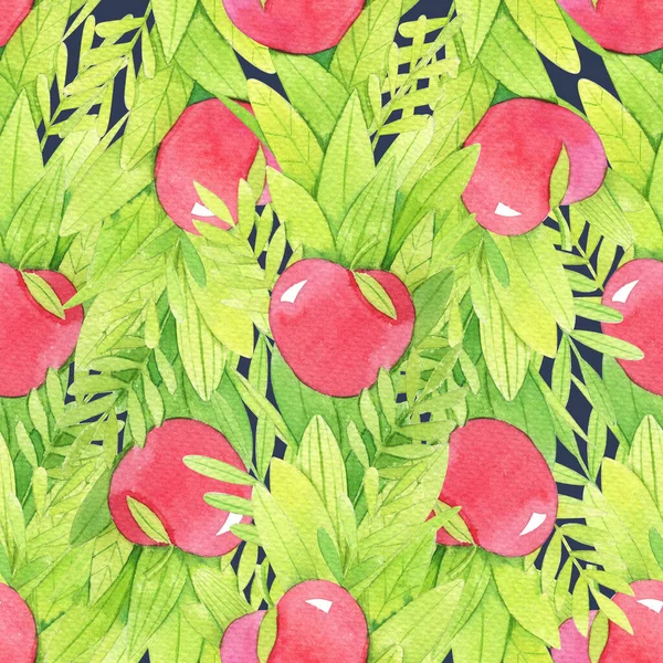 Απρόσκοπτη Μοτίβο Πράσινα Φύλλα Κλαδιά Κόκκινα Μήλα Υδατογραφία Stylized Εικόνα — Φωτογραφία Αρχείου