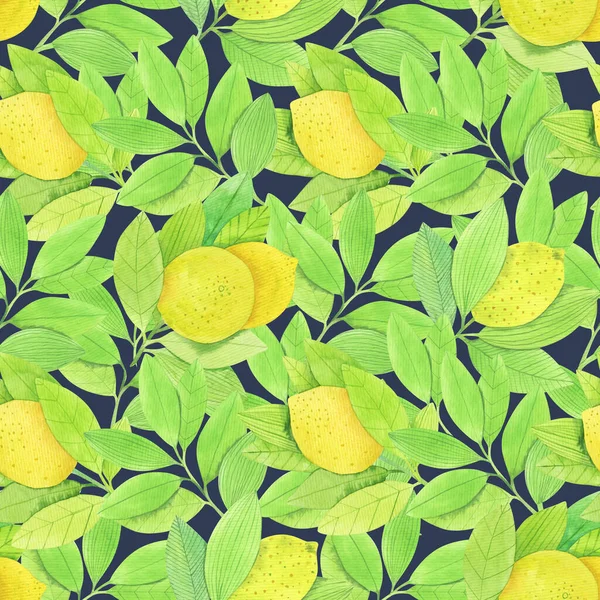 Seamless Pattern Juicy Lemon Garden Watercolor Hand Drawn Illustration Dark — Stock Photo, Image