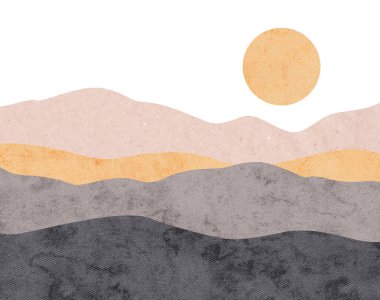 Minimalist abstract landscape collage with sun and layered mountains in warm beige, gray, and orange tones. Digital watercolor and paper texture background. Perfect for modern wall art, posters, and design projects.