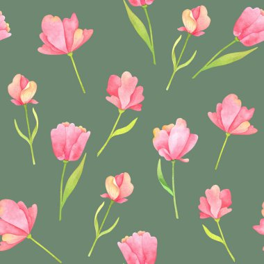 Yeşil Arkaplanda Hassas Pembe Çiçeklerle Kusursuz Suluboya Deseni