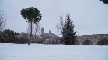  İspanya, Salamanca 'da kar. Şehir manzaralı. Bu çok nadir bir olay..