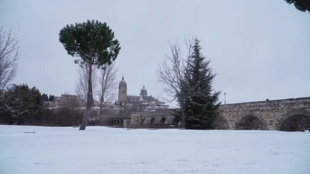 Snø Salamanca Spania Byens Utsikt Det Sjelden Hendelse – stockvideo