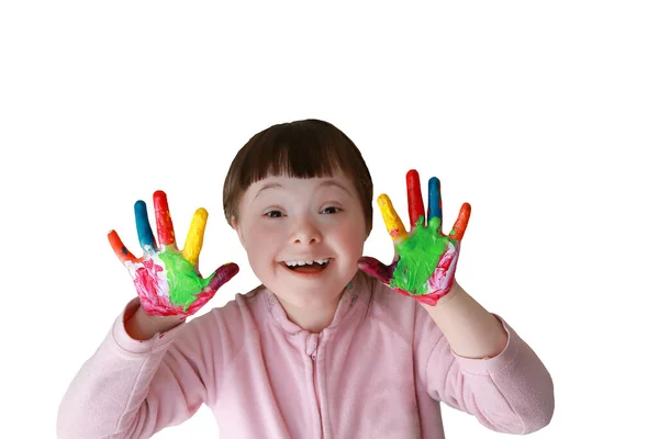 Linda Niña Con Las Manos Pintadas Aislado Sobre Fondo Gris — Foto de Stock