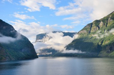 Sognefjorden bulutlu gökyüzü ile Norveç Fiyordları
