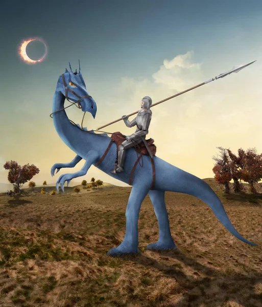 Ilustración Del Caballero Montando Lagarto Gigante Mirando Eclipse Solar —  Fotos de Stock