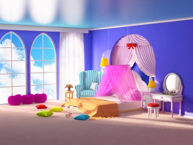 Peri masalı prenses odası. Koltuklu, tenteli ve geniş pencereli yatak odası kızı. 3d illüstrasyon