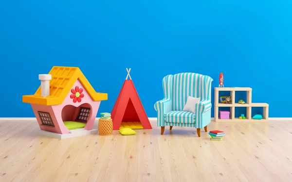 Baby room tipi, childrens house and armchair — Photo