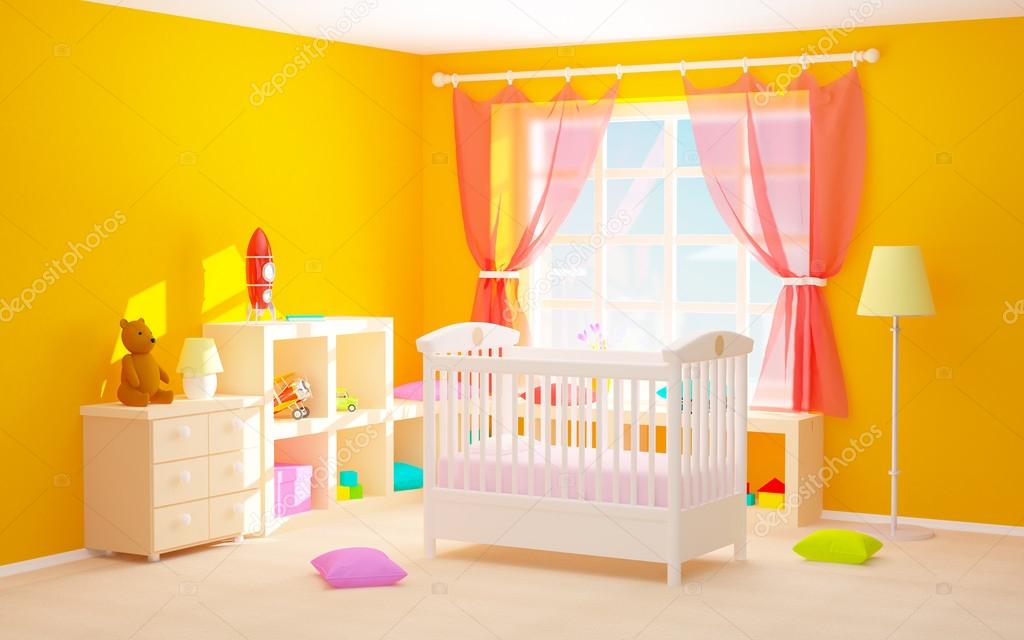 baby room with floor shelves