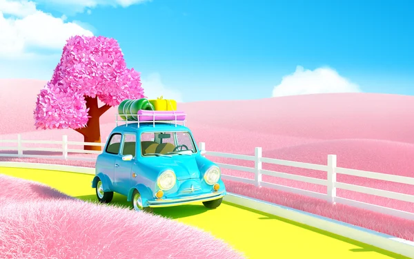 Small car in pink field — Stockfoto