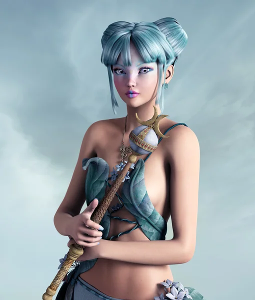 Pięknego elfa z niebieskie włosy i berło — Zdjęcie stockowe